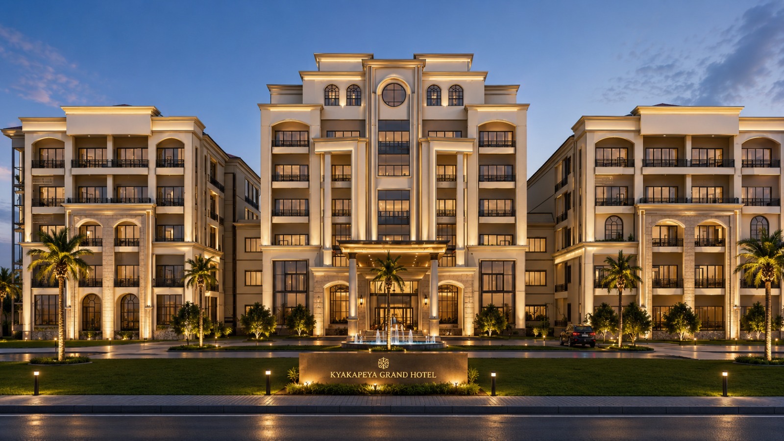Kyakapeya Grand Hotel — a five-storey neoclassical hotel by BANEC at dusk, lit fountain courtyard in the foreground.